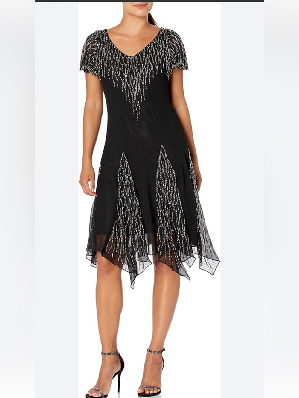 J Kara Black Beaded V-Neck Handkerchief Hem Dress